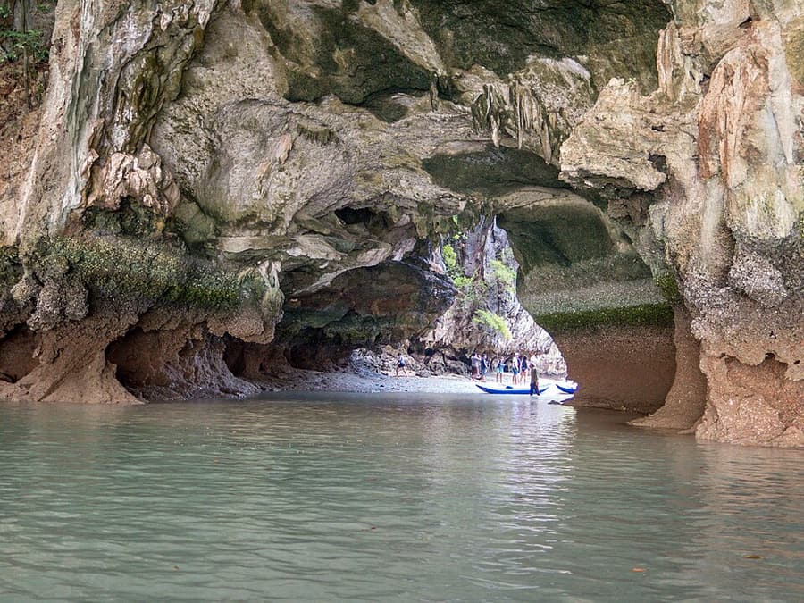 A sea cave at water level in the limestone of Phang Nga Bay