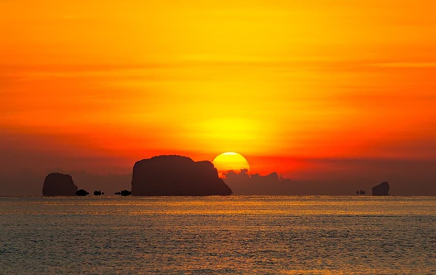 Sunset over the islands of Phang Nga Bay