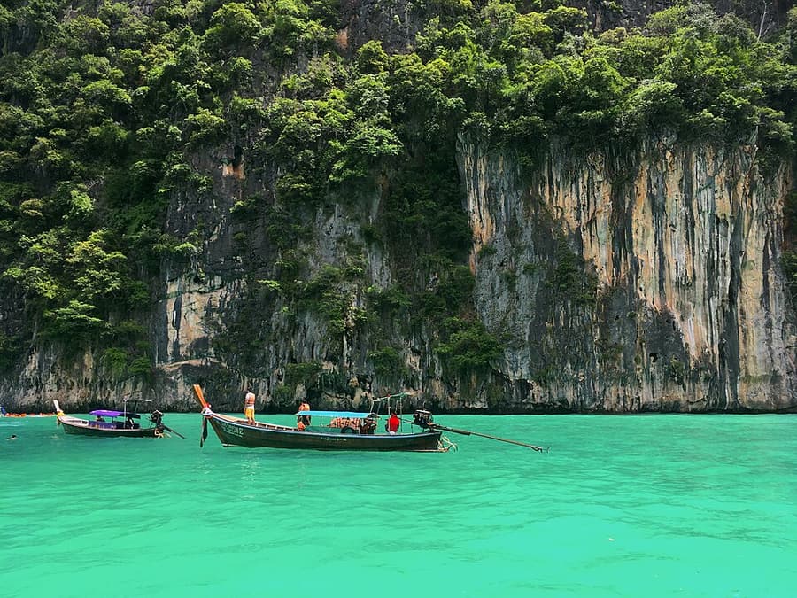 A longtail boat inside Pileh Lagoon on Koh Phi Phi Leh